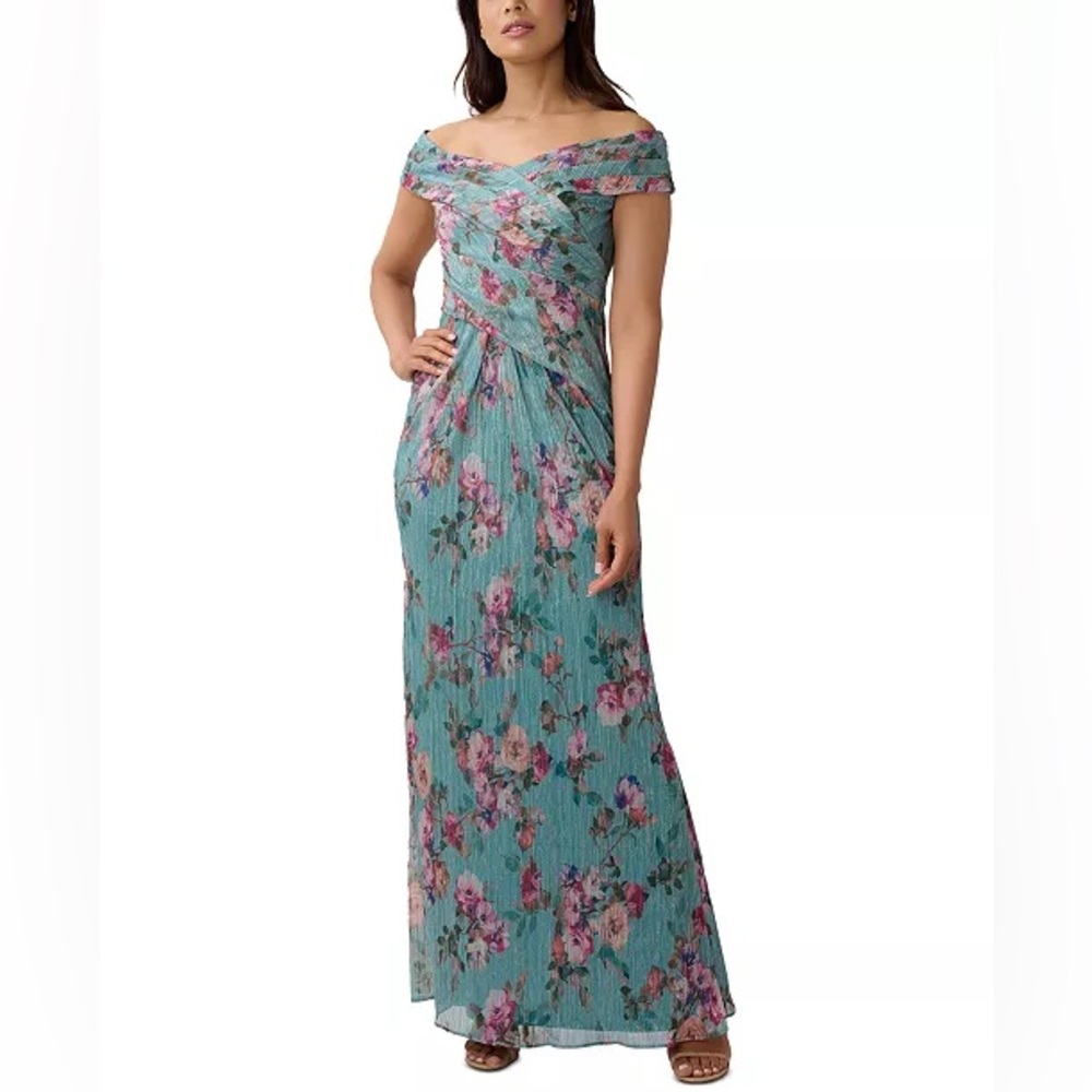 Adrianna Papell blue/green floral print off the shoulder gown dress